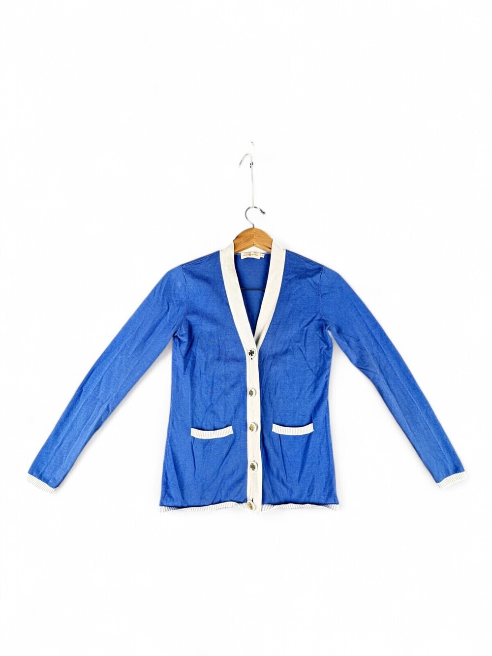 Tory Burch Blue V-Neck Contrast-Trim Cardigan S